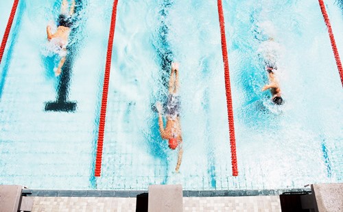 three swimmers about to touch the wall to finish the race