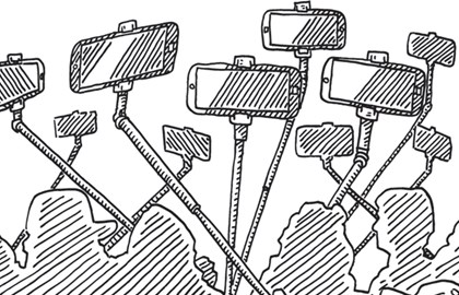black and white illustration of selfie sticks