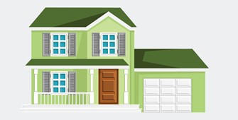 illustration of a green two-story house with attached garage on a gray background