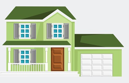 illustration of a green two-story house with attached garage on a gray background