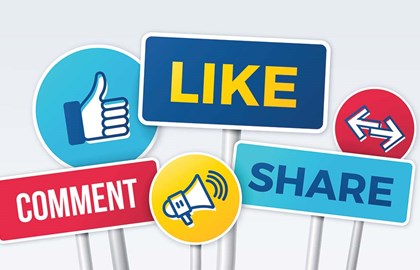 Graphic of signs bearing social media icons and words like "share" and "comment"